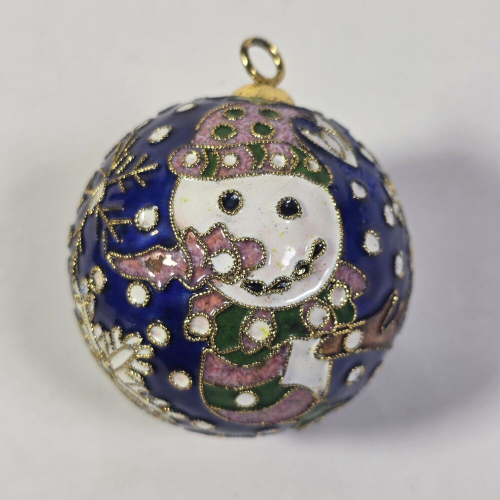 Vintage Cloisonne Snowman Christmas Ornament 2.8" Enamel Blue Gold Holiday